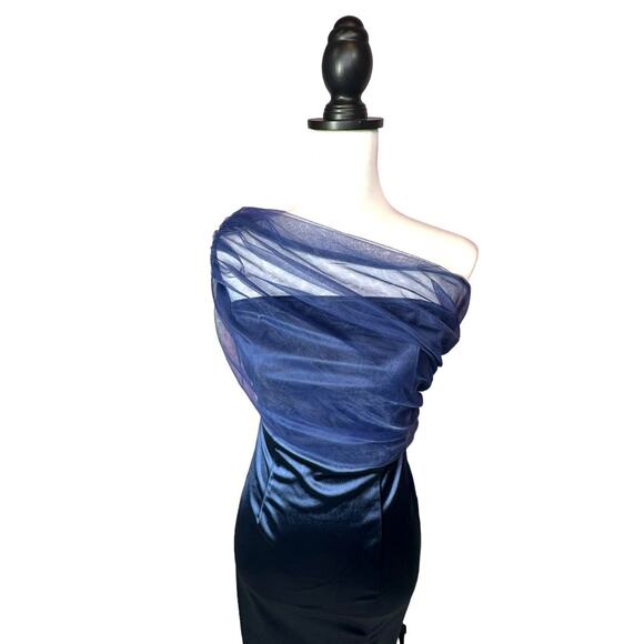 Womans Blue Mesh One Shoulder Sheer Split Thigh Knee Length Satin Dress Size S - Picture 3 of 10